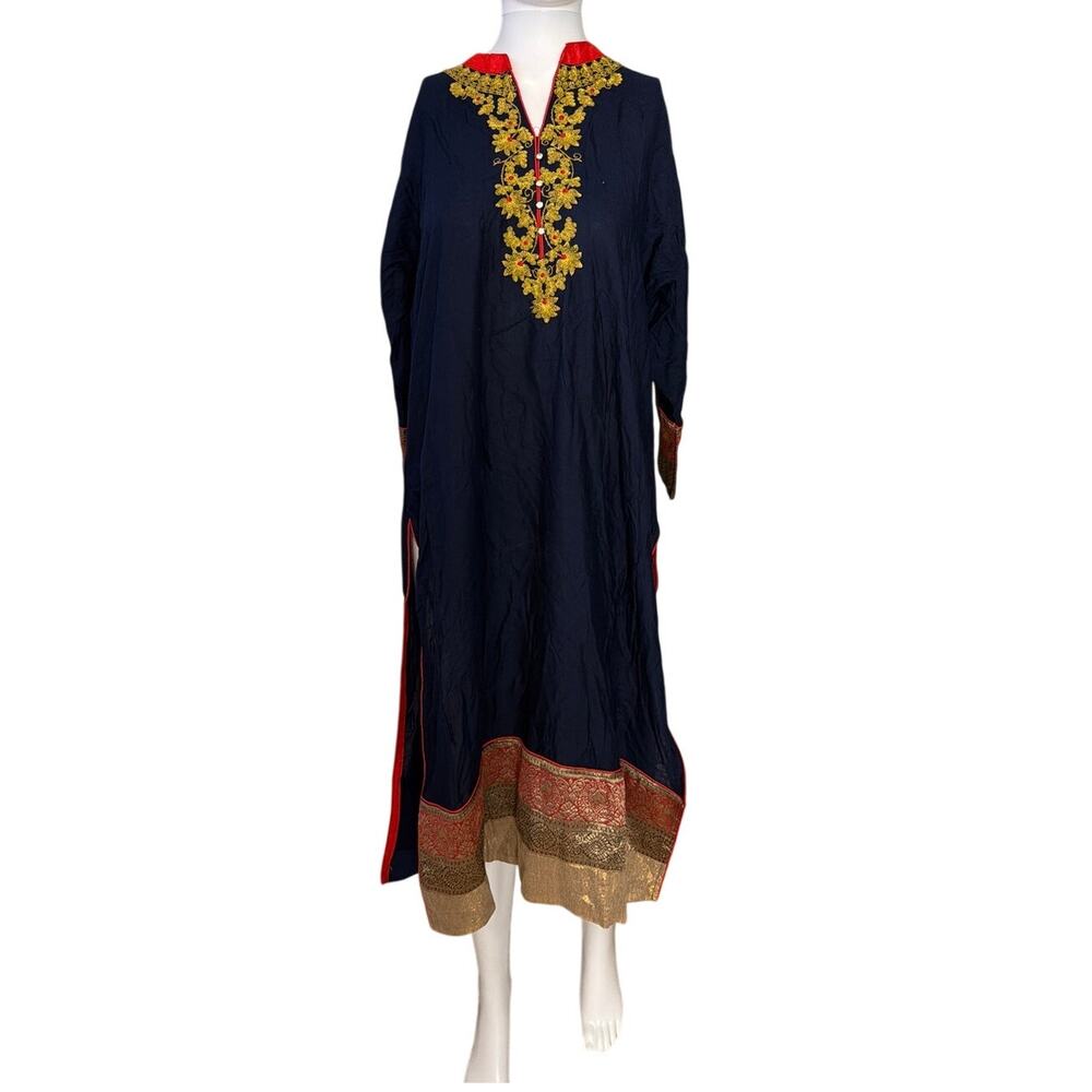 Navy Blue Gold Embroidered Keyhole Back Kurti Tunic Dress Women L 21 Pit